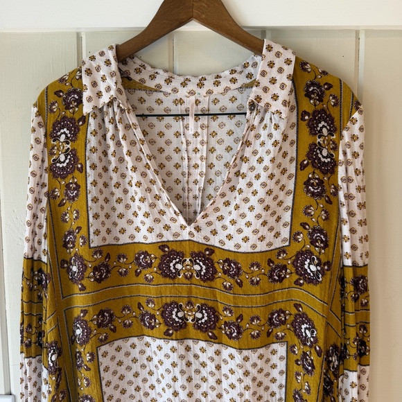 Free People Tops - Free People Women’s Mustard and White Patterned Blouse, Bohemian, Size Large